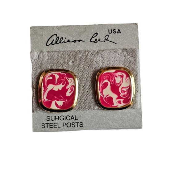 Vintage ALLISON REED Paint Pink White Swirl Rectangular PIERCED EARRINGS - Picture 4 of 11